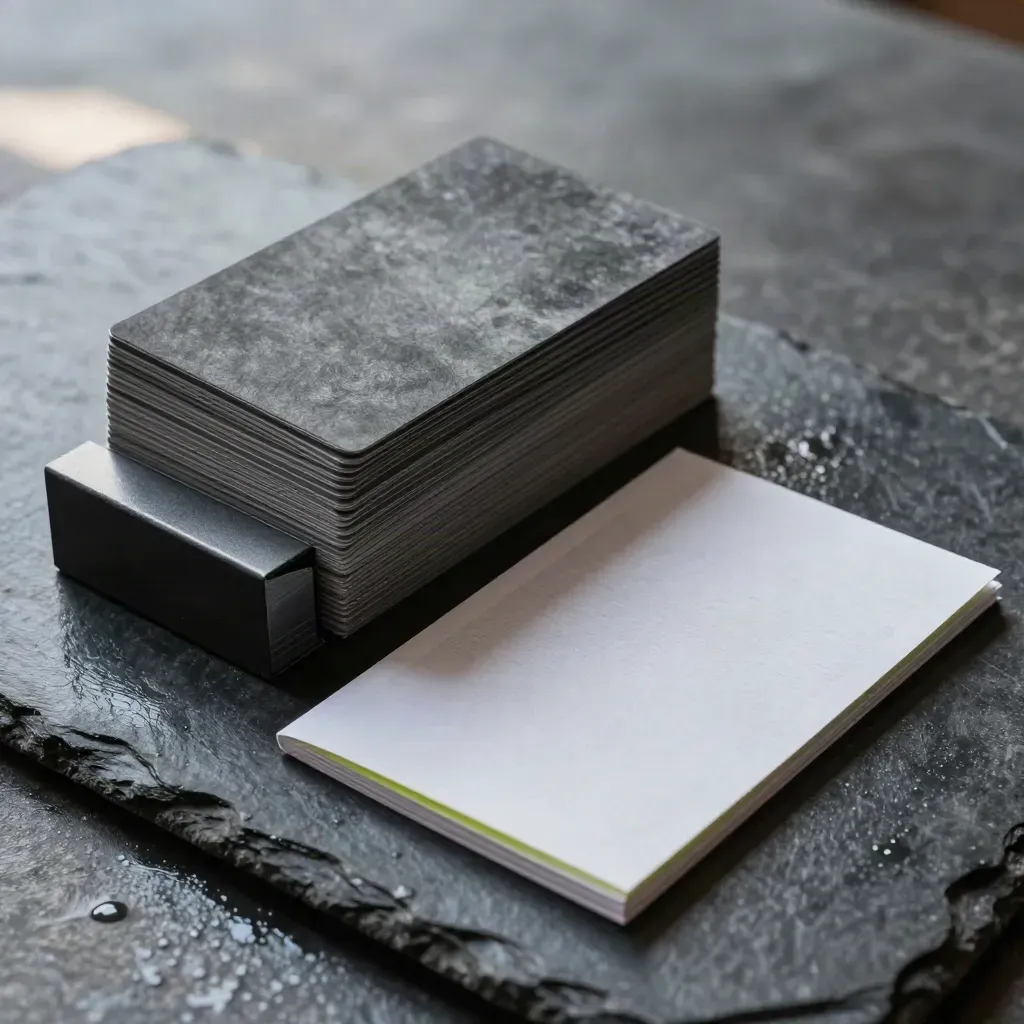 Graphite ad tiles and booklet on wet stone with a lime accent, lit in raking light.