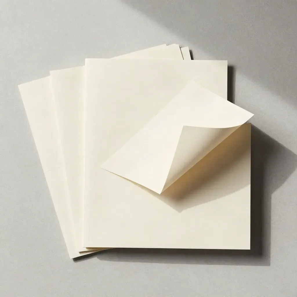 Overhead flatlay of cream content folios and proof slips on pale concrete