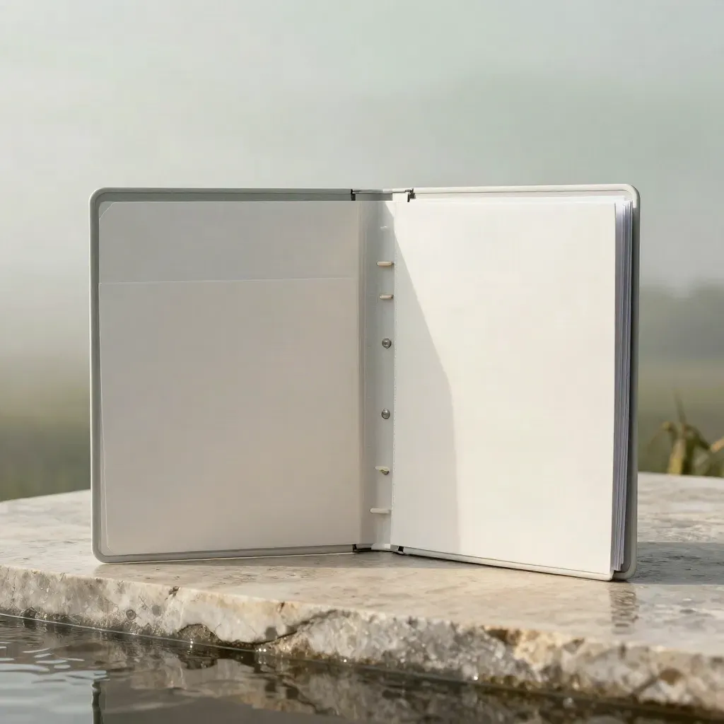 Oversized UK Growth Kit case with folders, mailer and report bundle on a rain-damp stone plinth