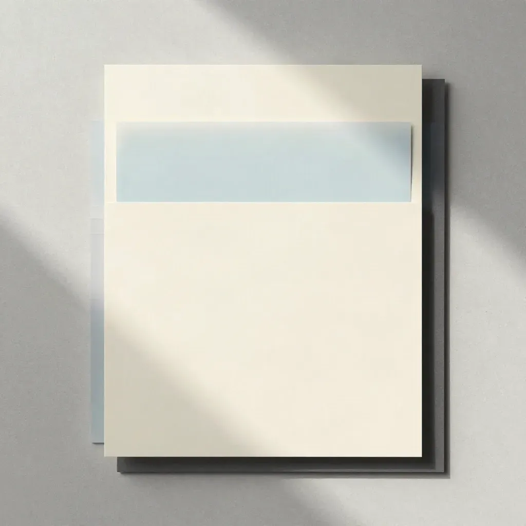 Overhead paper copy pack on pale concrete with layered sheets and a blue-tinted proof.
